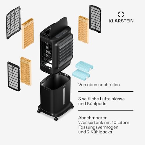 Klarstein Verdunstungskühler, 10L Wassertank, 340 m³/h, App & Fernbedienung, Timer, Nachtmodus, mobiler Luftkühler mit Wasserkühlung für Räume bis 30 m², Schwarz