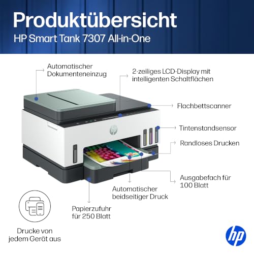 HP Smart Tank 7307 3-in-1 Multifunktionsdrucker (WLAN; Duplex; ADF) – 3 Jahre Tinte inklusive, 3 Jahre Garantie, großer Tintentank, hohe Reichweite, Drucken in hoher Qualität