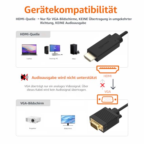 Amazon Basics HDMI-(Quelle)-auf-VGA-(Display)-Kabel, Unidirektional, Stecker auf Stecker, 1080P, Vergoldet, 1,8m, Schwarz (2er-Pack)