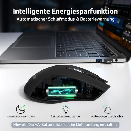 Acer Maus Kabellos 4000 DPI, Wireless Mouse 2,4Ghz mit 5 Einstellbare DPI, Batteriebetriebene Funkmaus, USB-A Computermaus für Laptop, PC, Chrombook-Schwarz