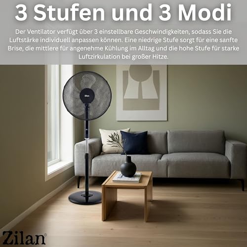 Zilan Standventilator Ø43cm leise mit Fernbedienung & Timer – 48W Leistungsstarker Ventilator energiesparend, 3 Stufen, 3 Modi, Oszillation, höhenverstellbar – für Schlafzimmer, Büro & Wohnzimmer