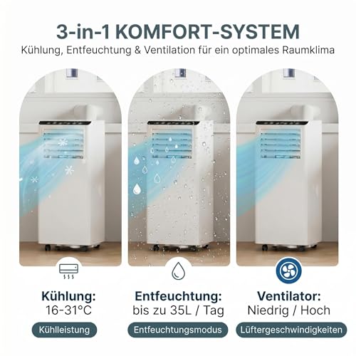 Mobile Klimaanlage 9000 BTU, 3-in-1 Kühlen Entfeuchten Lüften, bis 37 m², 320 m³/h Luftstrom, 51 dB leise, 24h Timer, inkl. Fernbedienung, Weiß