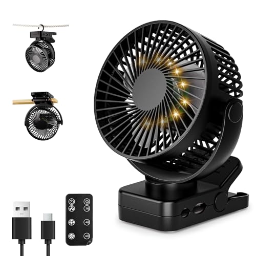 ArsMotin USB Tischventilator Leise mit 12000mAh Akku, Clip Camping Ventilator mit Fernbedienung, Mini Akku Ventilator mit Licht & Timer, 360° Drehbar, 3 Windstufen, Max 44Std Laufzeit für Camping