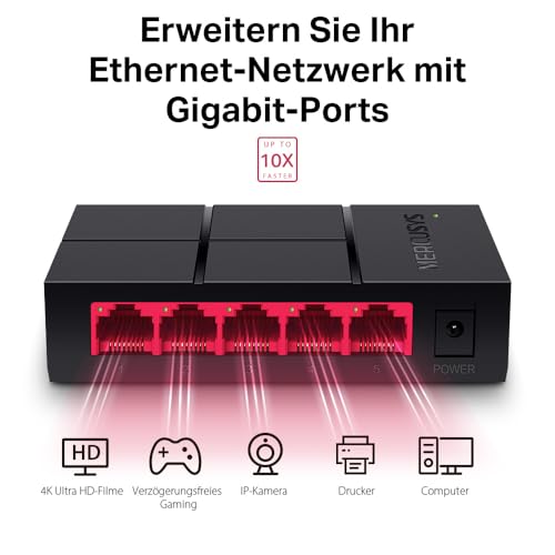 Mercusys MS105G 5-Ports Gigabit Netzwerk Switch, Automatische Aushandlung, Automatische MDI/MDIX-Umschaltung, Plug and Play, MAC-Adressen-Lernen, 105×70×24.9 mm