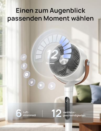 DREO 20dB leiser Smart Standventilatorr für Schlafzimmer mit RGB-LED, 150°+120° Oszillation, 30m Luftumwälzgebläse und 2209m³/h Luftvolume, 12 Geschwindigkeiten, 6 Modi, 94-107cm Höhe, WLAN & Alexa
