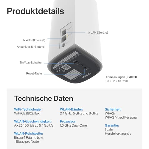 Linksys Velop Pro MX6201-KE WiFi 6E Mesh Router 6 GHz und 5,4 Gbit/s - Multiroom-Abdeckung bis zu 275 m² und 200 Geräte - 1 Stück
