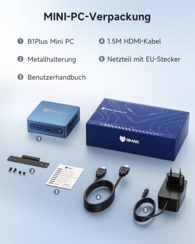 BMAX Büro Mini PC Intel Celeron J3355 mit Win11 Home, 6GB RAM 128GB SSD | Dual HDMI 4K@60Hz RJ45 Gigabit Ethernet WiFi5 BT USB x4 Mini Desktop Micro Computer für Business, Daily Use, Home assistant