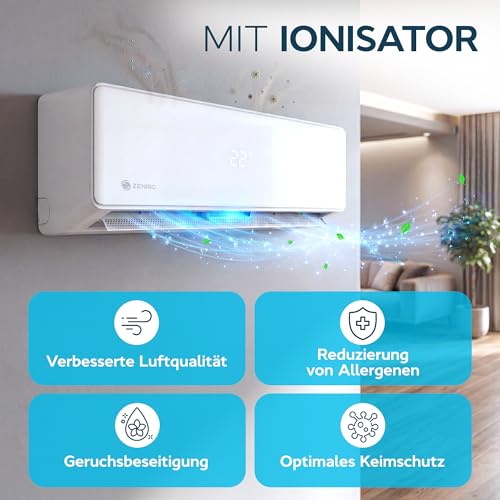 ZENIRO Klimaanlage Split Set - Reine Luft mit Ionisator - WiFi/App-Funktion Klimagerät Kühlen A++/Heizen A+ 3,2kW 12000 BTU Sehr Leise - Fernbedienung, Timerfunktion - Montagematerial