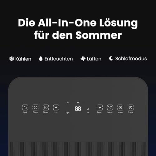 Mobile Klimaanlage 9000 BTU mit Abluftschlauch | 3-in-1 Mobiles Klimagerät | Leiser Betrieb | Digitaldisplay, App und Fernbedienung | Fenster-Installationsset | Timerfunktion | Für Räume bis 30 m²