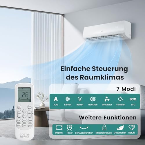 COSTWAY 9000BTU Split Klimaanlage, Klimageräte mit Heizfunktion 2,6kW, Air Conditioner Wandhalterung inkl. Kupferleitung, Kältemittel R32, sehr leise für Räume bis zu 42m³