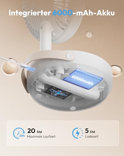 Gaiatop Faltbare Tischventilator mit Nachtlicht, 6000mAh Akku Ventilator