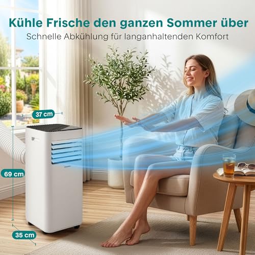 SereneLife Mobiles Klimagerät 7000 BTU 2,0kW für 28 m² – Air Conditioner mit Abluftschlauch, 3-in-1 mit Entfeuchter und Ventilator, Inkl. Fensterkit und Fernbedienung [Energieklasse A+++]