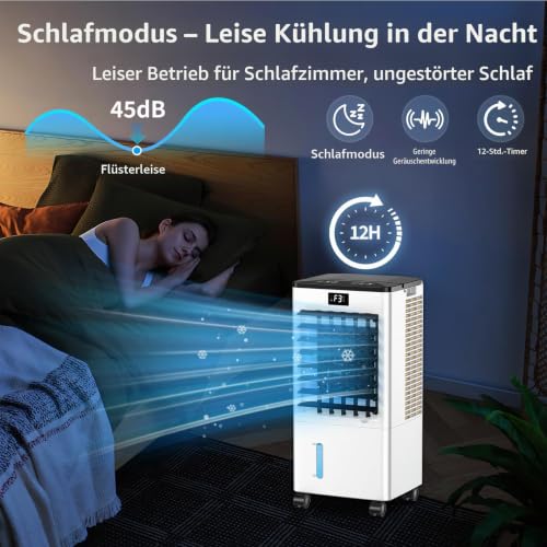 Mobile Klimaanlage, Luftkühler mit 3 Modi (Normal/Natur/Schlaf), 12H Timer, Tragbare Klimaanlage mit Display, 4 Eispacks, 60W Verdunstungsluftkühler ohne Abwasseranschluss für Zuhause Büro
