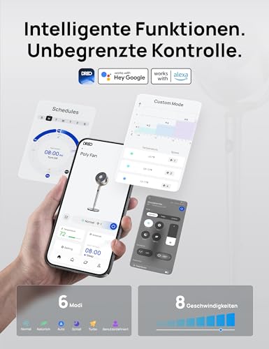 DREO Smart Standventilator, 120°+120° Oszillierend Ventilator mit Wi-Fi/Sprachsteuerung, 23dB Leiser Bodenventilator für Schlafzimmer, einstellbare Höhe, 8 Geschwindigkeiten, 6 Modi, 12H Timer