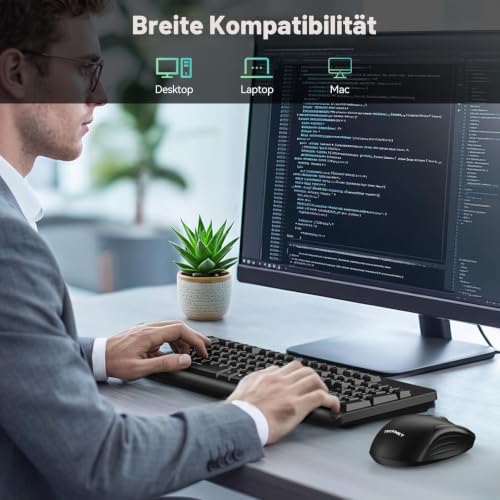 TECKNET Tastatur Maus Set Kabellos,2.4GHz USB Tastatur und Maus Kabellos | QWERTZ Layout,Spritzwassergeschützt,Funktastatur mit Maus,Vollformat,Energieeffizientes Design,Plug & Play für Laptop/PC/Mac