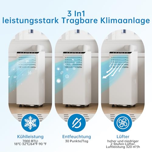 Tragbares Klimagerät 7000 BTU, Mobiles 3-in-1 Klimasystem Mit Kühlung, Lüfter & Entfeuchtung, 2 Geschwindigkeitsstufen, R290 Kältemittel, Ohne Außengerät, Leiser Betrieb, Für Räume Bis 30 M²