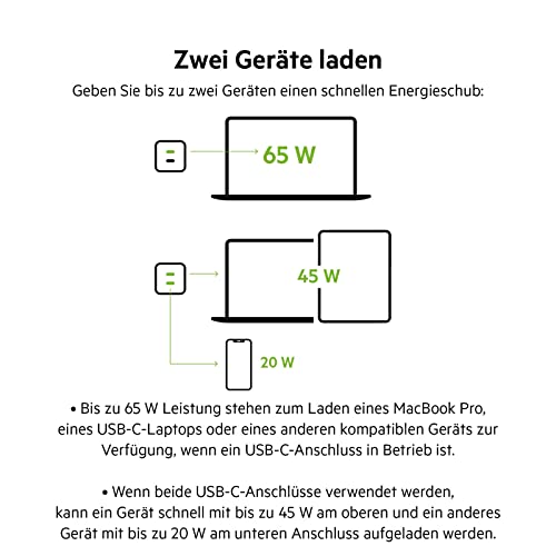 Belkin 65-W-USB-C-Ladegerät mit 2 Ports, Schnellladen mit Power Delivery 3.0 und GaN-Technologie für MacBook Pro, iPhone 17, iPhone Air, iPad, Galaxy S25, Pixel 10, Laptop, usw - Weiß