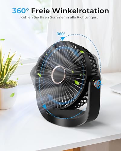 AICPAN Ventilator Leise - Tischventilator mit Nachtlicht，3000mAh USB Wiederaufladbarer Kleiner Ventilator, 5 Geschwindigkeiten, 360° verstellbare Neigung für Büro Schlafzimmer Zuhause, Schwarz