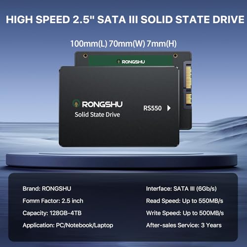 RONGSHU 256GB SATA SSD 2.5'' Interne SSD Festplatte, 2,5 Zoll SATA III 6 Gb/s, 550MB/s Lesen, 500MB/s Schreiben 3D NAND TLC Internes SSD, Upgrade Laptop PC und Desktops Speicher und Storage (RS550)