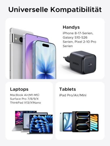 UGREEN USB C Ladegerät 45W, PD iPhone Netzteil, PPS Schnellladegerät | Inkl. 1x 1,5m Kabel, ideal für unterwegs, kompatibel mit iPhone 17 Pro Max, Galaxy S26, S25, MacBook Neo/Air, iPad, Pixel 9