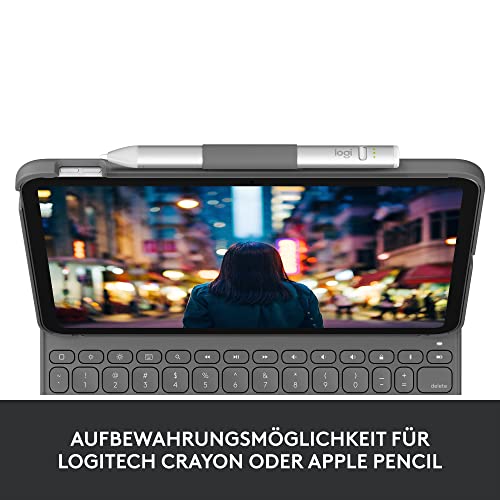 Logitech Slim Folio Tastatur-Case für iPad (10. Generation und A16) | Integrierte kabellose Bluetooth-Tastatur, Deutsches QWERTZ-Layout - Graphit