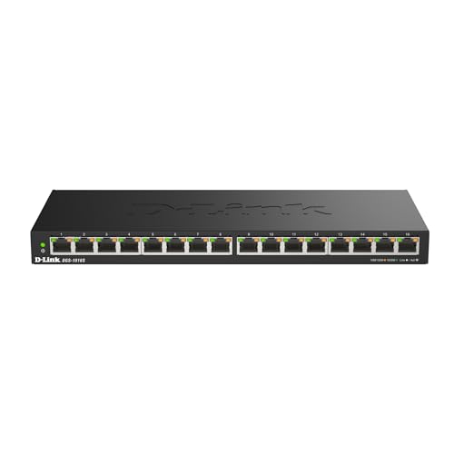 D-Link DGS-1016S 16-Port Unmanaged Gigabit Switch (ohne Lüfter, Low Profile Metallgehäuse, Desktop / Wandmontage, Plug-and-Play, 802.1p QoS, 802.3az EEE), schwarz