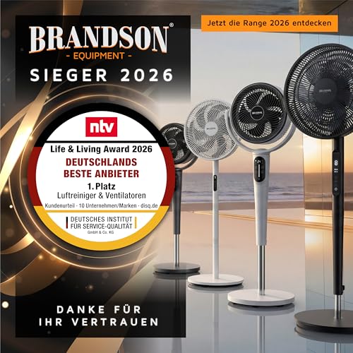 Brandson - DC Standventilator energiesparend ECO - Sieger Ventilatoren 2026 - Fernbedienung - Brushless Silent Motor - sehr leise – Oszilation 60° 90° 120° - 9 Stufen - Turbo Modus - weiß