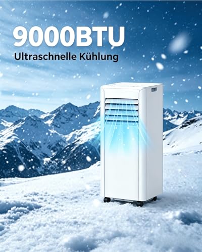 Mobile Klimaanlage 9000 BTU (2,6 kW) | 4-in-1 Klimagerät mit Abluftschlauch zum Kühlen, Entfeuchten, Ventilieren & Schlafen | für Räume bis 28 m² | Energieeffizienzklasse A