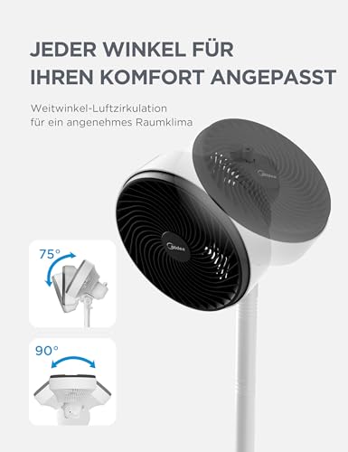 Midea FG18-22LAPH Standventilator 4-in-1, Hoeheverstellbar, 110cm, Weiß | 549 ft3/min, 18m Reichweite, 75 Grad Horizontal, 90 Grad Vertikal, 3 Geschwindigkeiten, 30W