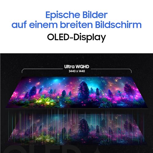 Samsung Odyssey G85SD Curved Gaming Monitor, 34 Zoll, Bildschirm mit QD-OLED-Panel, UWQHD, 3440 x 1440 Pixel, AMD Freesync Premium Pro, Reaktionszeit 0,03 ms, Bildwiederholrate 175 Hz, LS34DG850SUXEN