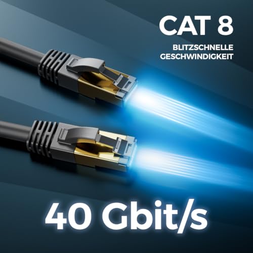 deleyCON 3,0m CAT 8 Netzwerkkabel RJ45 40 Gbit/s S/FTP POE - Schwarz | Gigabit Ethernet LAN Cable, Kupfer, Patchkabel, RJ45 Stecker, für CAT8 CAT7 CAT6, PC, PS5, Router, Modem, TV, Switch