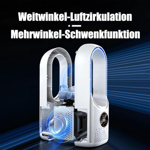 Blattloser Tischventilator, 6 Stufen Windgeschwindigkeit, USB Turmventilator mit Luftbefeuchter Timer LED Licht, Leiser Rotorloser Ventilator Touch Bedienung, für Schlafzimmer Büro Home Office