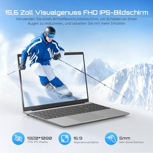 jumper Laptop 15,6 Zoll FHD Display, 12GB RAM 512GB SSD TF Erweitern 512GB, Office 365, 5205U Prozessor, Leichte Business und Studenten Notebook, 2 Stereo-Lautsprecher/Typ-C/USB 3.0/Zehnertastatur