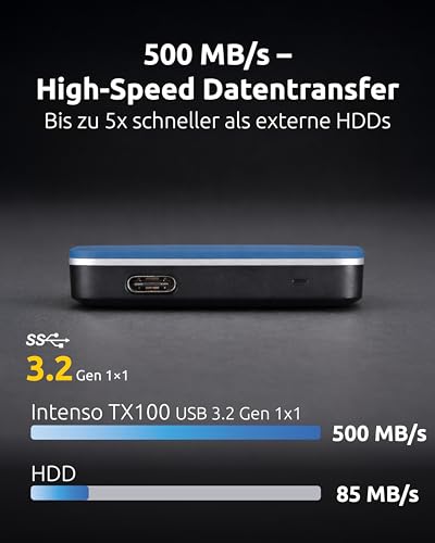 Intenso TX100 500GB - Externe SSD USB 3.2 Gen 1x1 Tragbare Festplatte | Bis zu 500 MB/s Lesegeschwindigkeit - Kompakter Speicher fuer PC, Laptop, Mac, PS5 & Xbox - Robust und Stossfest