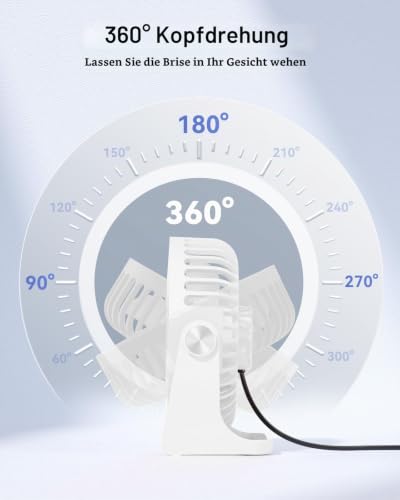 TriPole Tischventilator USB, Tragbarer Mini Ventilator mit 3 Geschwindigkeiten, Ultra Leiser USB Ventilator mit 360° Verstellbarem Kopf, Kleiner Ventilator für Büro, Schlafzimmer, Küche, Weiß