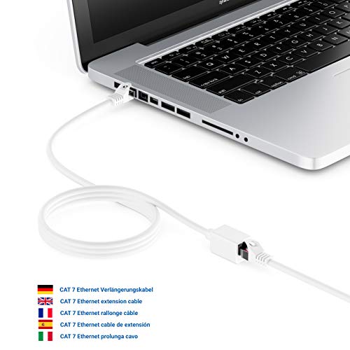 deleyCON 1m CAT7 Patchkabel Verlängerung RJ45 S/FTP 600 MHz - Weiß | CAT 7 Rohkabel, RJ45 Stecker auf RJ45 Buchse, Ethernet LAN Netzwerkkabel, Kupfer, PiMF
