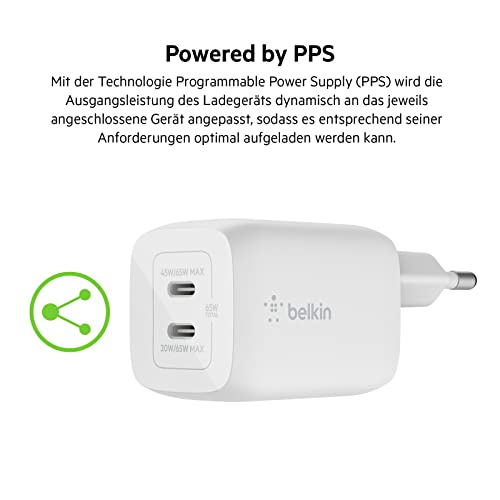 Belkin 65-W-USB-C-Ladegerät mit 2 Ports, Schnellladen mit Power Delivery 3.0 und GaN-Technologie für MacBook Pro, iPhone 17, iPhone Air, iPad, Galaxy S25, Pixel 10, Laptop, usw - Weiß