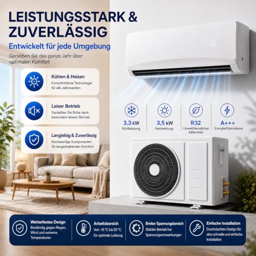 DreamGoods Split Airco - Klimaanlage ohne Ablaufschlauch - Wechselrichter Klimaanlage 12.000 BTU - Kühlen & Heizen - Luftentfeuchter - Außengerät