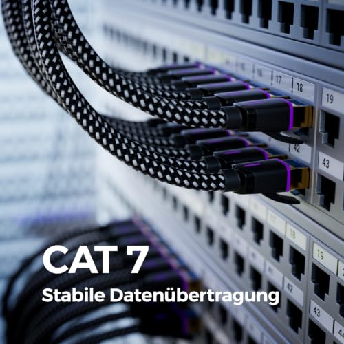 deleyCON 2m CAT7 Nylon Patchkabel RJ45 10 Gbit/s S/FTP POE - Schwarz | Gigabit Netzwerkkabel, Ethernet Cable, Kupfer, RJ45 Stecker, CAT 7 LAN, für PC, PS5, Router, Modem, TV, Switch, Laptop