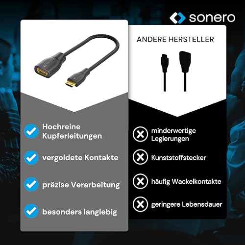 Sonero Mini HDMI auf HDMI Adapter, 4K Portsaver, C Stecker A Buchse, 0,15 m | Premium High Speed Adapter mit zweifacher Abschirmung und PVC-Mantel für stabile Bild- und Tonübertragung