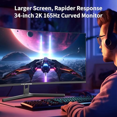 Minifire 34 Zoll UWQHD Curved Gaming Monitor 165Hz(DP),3440 x 1440, Curved 1500R,1ms(MPRT),Pip/PBP,FreeSync,HDR, 300nits, sRGB 125%, DCI-P3 95%,VA Panel,2xHDMI 2.1(TMDS) 2xDP 1.4 Ports MFG34C5Q