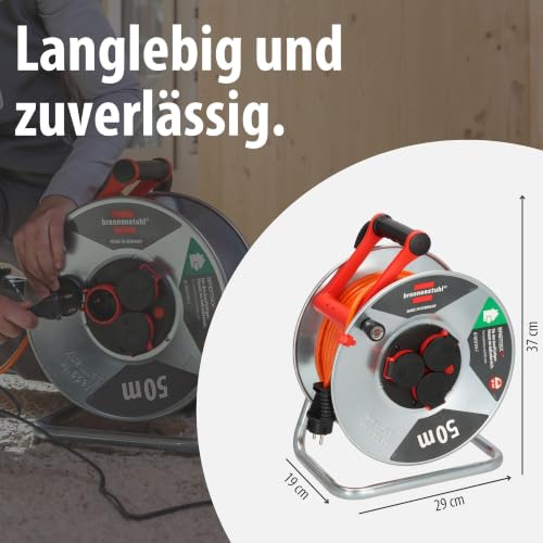 Brennenstuhl Garant S V2 IP44 Kabeltrommel 50m outdoor aus Stahlblech | Made in Germany, Kabel in Signalfarbe orange, kurzfristiger Einsatz im Außenbereich