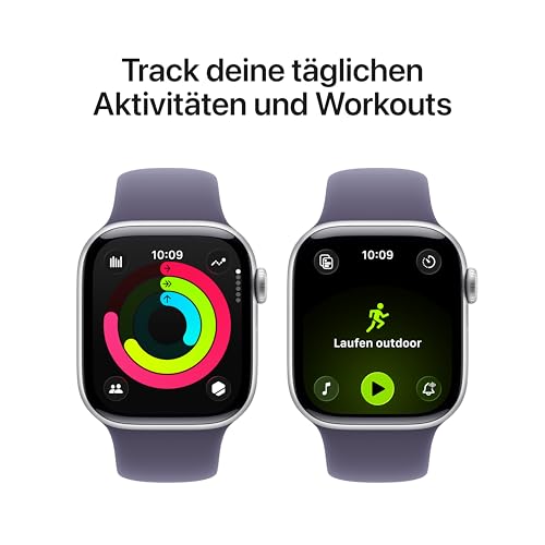 Apple Watch Series 11 GPS 42 mm Smartwatch mit Aluminiumgehäuse in Silber und Sportarmband in Nebelviolett (S/M). Schlafindex, Fitnesstracker, Gesundheitstracking, Always-On Display, Wasserschutz