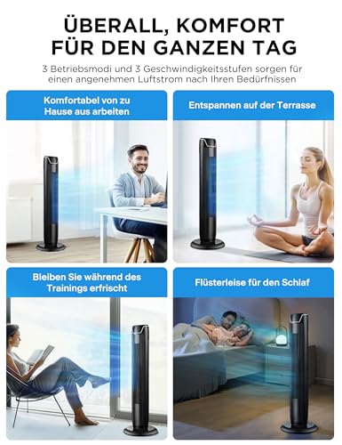 Midea Turmventilator FZ10-17JR, 92cm, mit Fernbedienung, Schwarz | 3 Modi, 3 Geschwindigkeiten, 7h Timer, 45W, Leise, fuer Schlafzimmer & Wohnzimmer