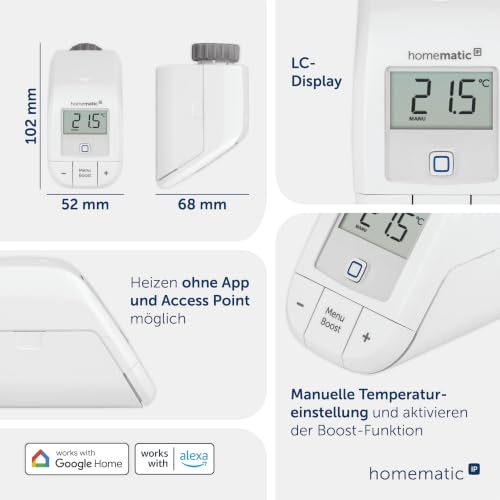 Homematic IP Heizkörperthermostat – Basic | Smart Home, digitaler Thermostat Heizung, Steuerung per App, Alexa, Google Home, Push-to-Pair, Energie sparen, 153412A3