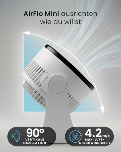 Pro Breeze AirFlo Mini Tischventilator – Leiser Turbo Ventilator mit 3 Stufen, 90° Neigung und kraftvollem Luftstrom bis 4,2 m/s, kompakt für Schreibtisch, Schlafzimmer & Büro
