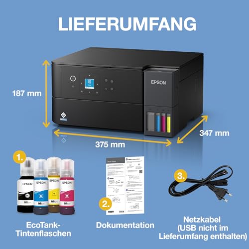 Epson EcoTank ET-2955 Tintentankdrucker | für vielbeschäftigte Haushalte | WLAN | A4 | Drucken, Kopieren, Scannen | 3.7 cm LCD-Display | Duplexdruck | inkl. Tinte für bis zu 3 Jahre