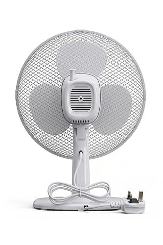 JriA Tischventilator 30-cm Leiser Ventilator mit Oszillationsfunktion 3 Geschwindigkeitsstufen 35 W Ø 90 cm Kühlventilator für Büro und Schlafzimmer Sommer Tischventilator (12 Zoll, weiß)
