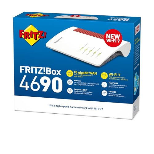 Fritz!Box 4690 Edition International, Wi-Fi 7 Mesh Router für DSL oder Fibre, bis zu 6960 Mbit/s Geschwindigkeit, 1x 10-Gigabit WAN/LAN, 3X 2.5-Gigabit LAN, DECT-Basis und Zigbee, Wi-Fi MESH und