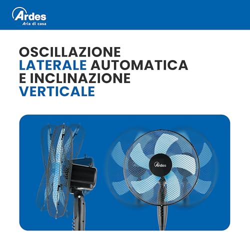 Ardes STEELO 40PN Standventilator 50W 40 cm mit Automatischer Oszillation, Höhen- und Neigungsverstellung, 3 Geschwindigkeiten, Total-Black-Design und 5 Flügel